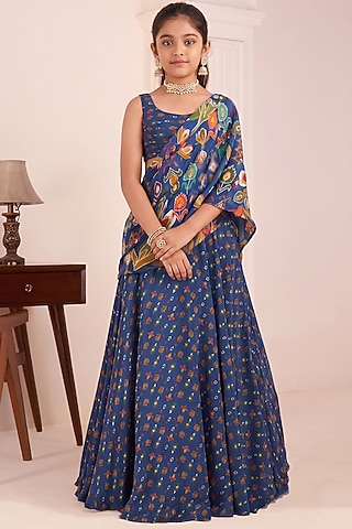 Blue Viscose Crepe Printed Lehenga Saree Set For Girls by Affroz Kids