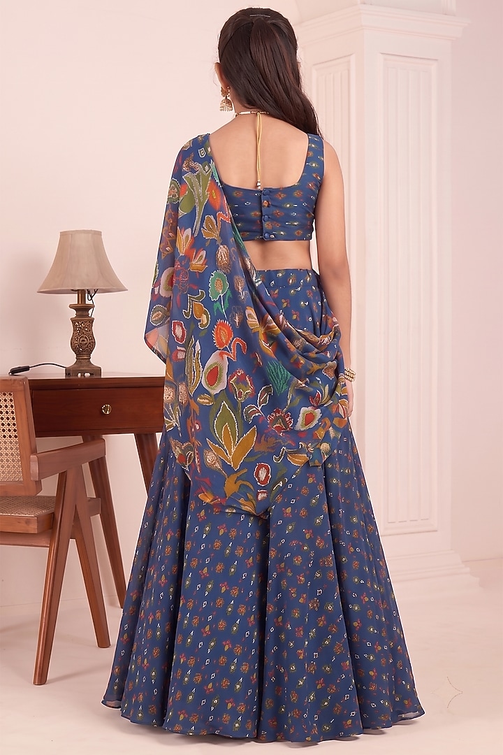 Blue Viscose Crepe Printed Lehenga Saree Set For Girls by Affroz Kids at Pernia's Pop Up Shop