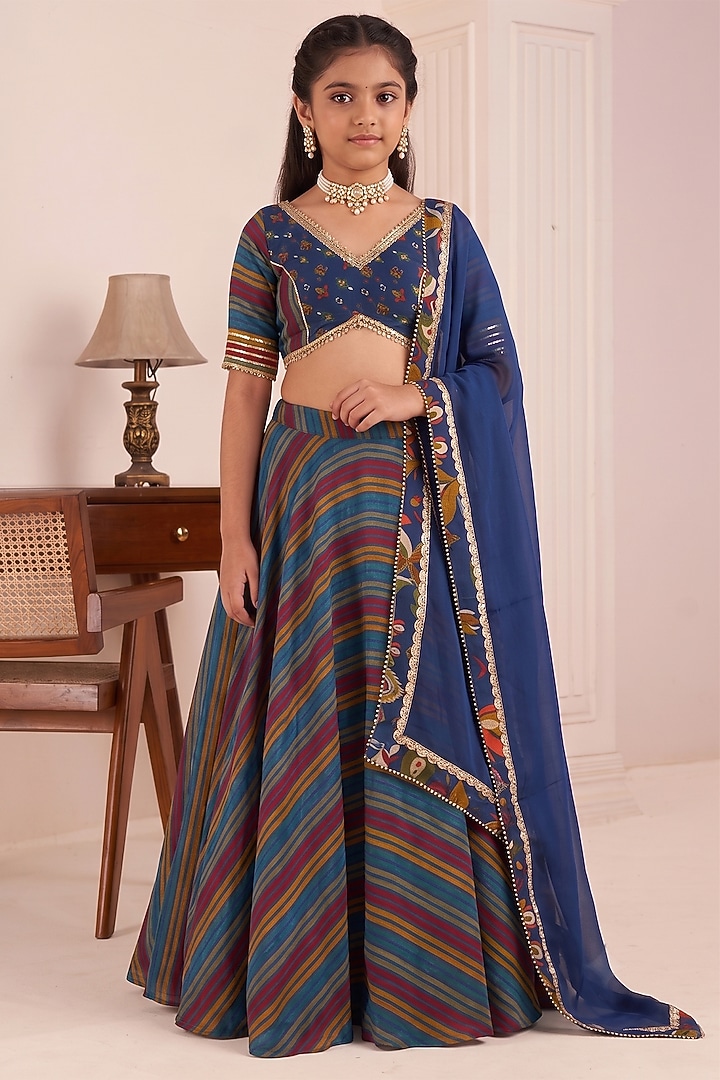 Blue Viscose Crepe Stripe Printed Lehenga Set For Girls by Affroz Kids at Pernia's Pop Up Shop