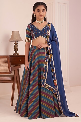 Blue Viscose Crepe Stripe Printed Lehenga Set For Girls by Affroz Kids