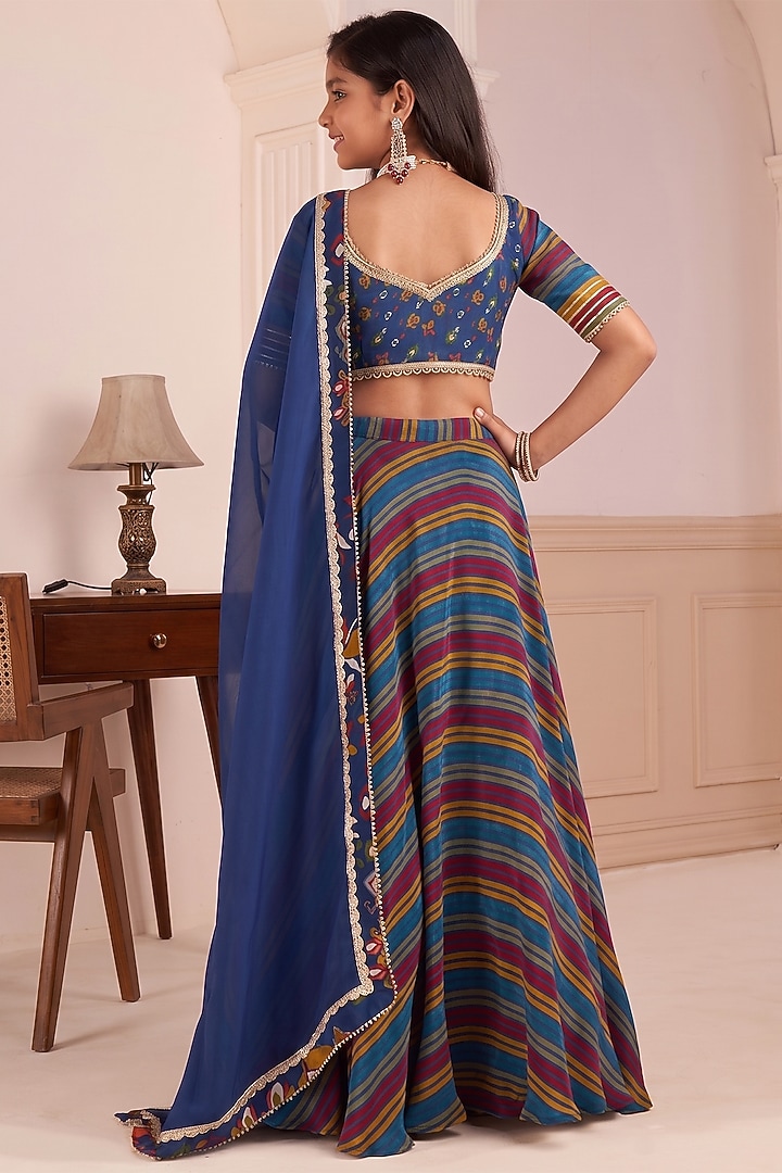 Blue Viscose Crepe Stripe Printed Lehenga Set For Girls by Affroz Kids at Pernia's Pop Up Shop