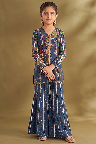 Royal Blue Viscose Crepe Ikkat Printed Sharara Set For Girls by Affroz Kids