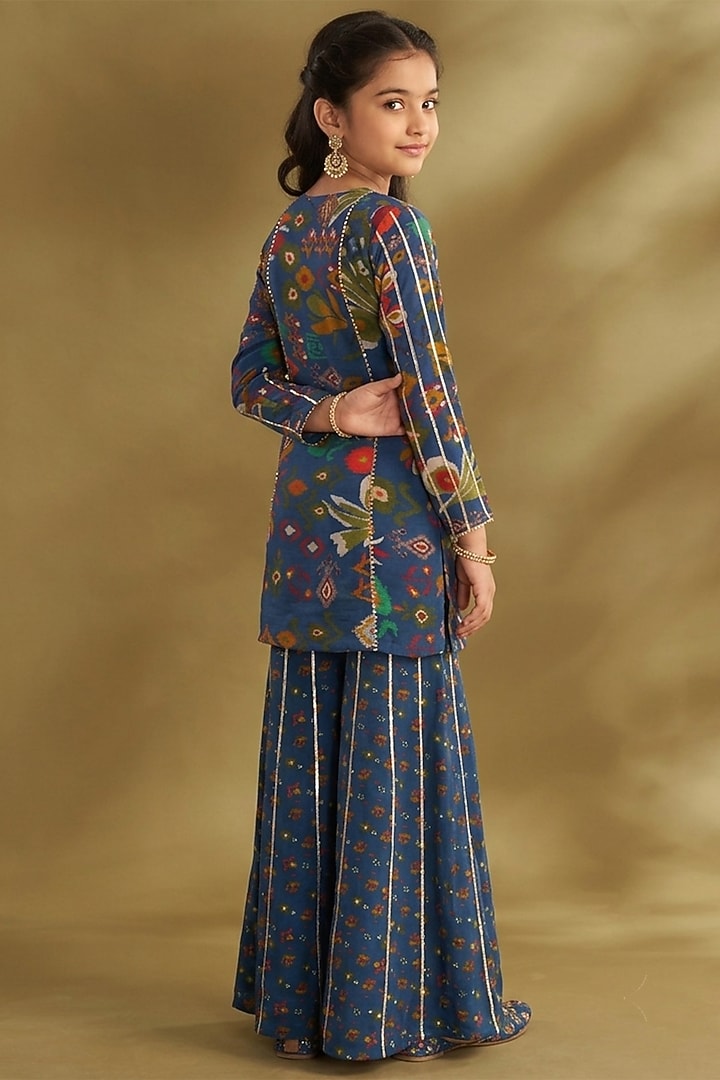Royal Blue Viscose Crepe Ikkat Printed Sharara Set For Girls by Affroz Kids at Pernia's Pop Up Shop
