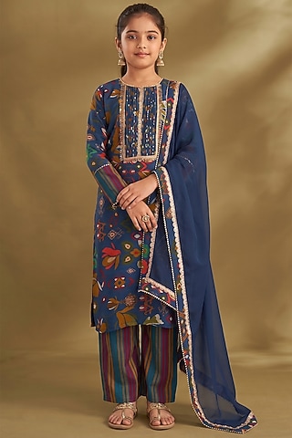 Royal Blue Viscose Crepe Printed Kurta Set For Girls by Affroz Kids