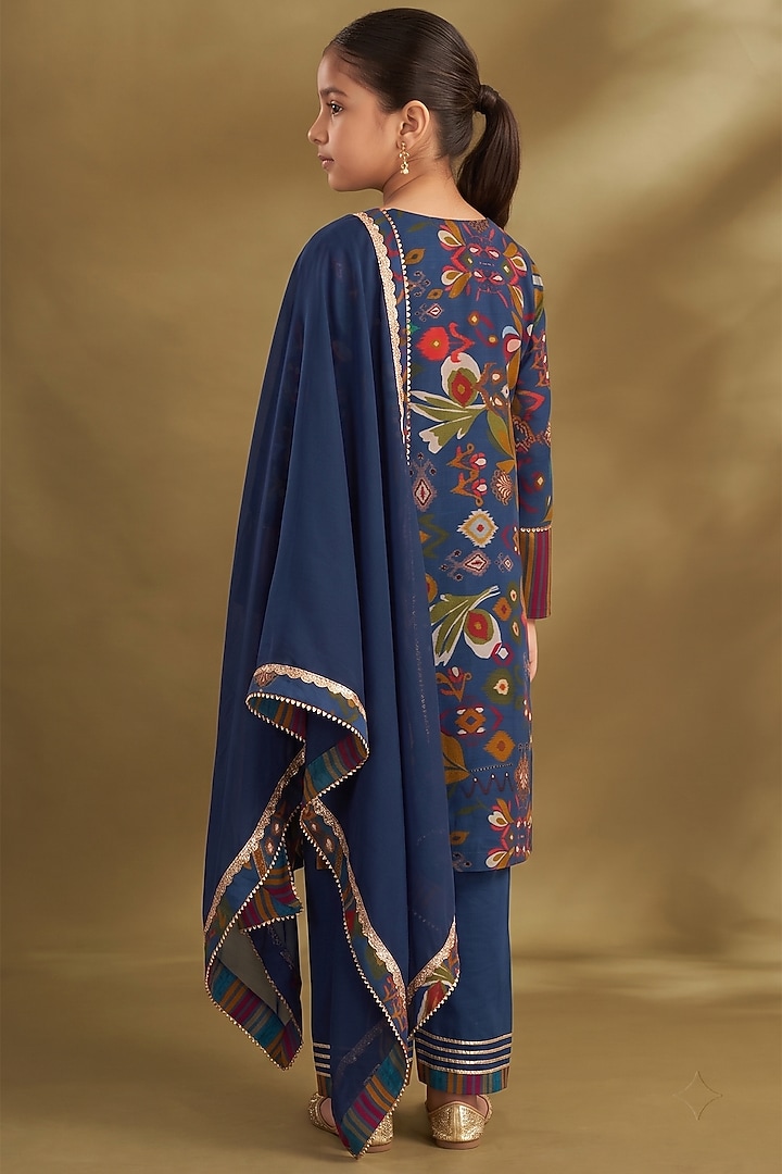 Royal Blue Viscose Crepe Printed Kurta Set For Girls by Affroz Kids at Pernia's Pop Up Shop