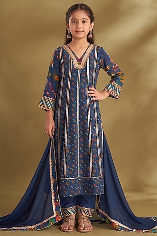 Royal Blue Viscose Crepe Printed Anarkali Set For Girls by Affroz Kids