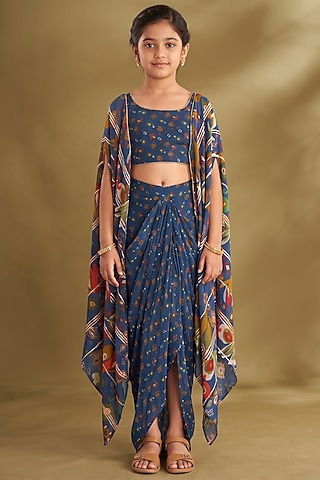 Blue Viscose Crepe Printed Draped Skirt Set For Girls by Affroz Kids