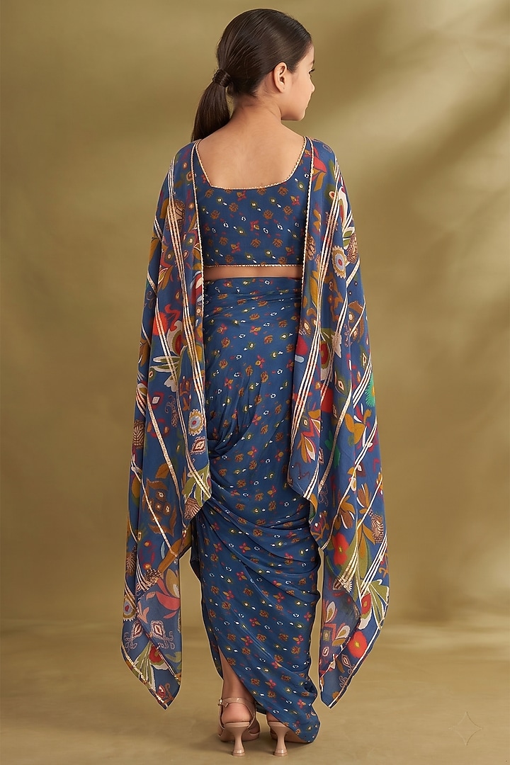 Blue Viscose Crepe Printed Draped Skirt Set For Girls by Affroz Kids at Pernia's Pop Up Shop