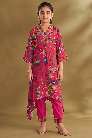 Hot Pink Viscose Crepe Printed Kaftan Set For Girls by Affroz Kids