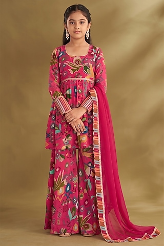 Hot Pink Viscose Crepe Printed Sharara Set For Girls by Affroz Kids