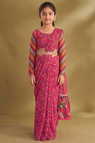 Hot Pink Viscose Crepe Printed Pre-Draped Saree Set For Girls by Affroz Kids