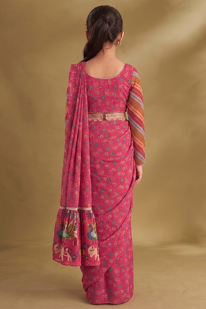 Hot Pink Viscose Crepe Printed Pre-Draped Saree Set For Girls by Affroz Kids at Pernia's Pop Up Shop