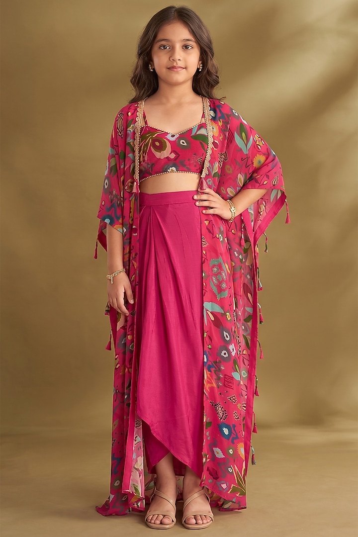 Hot Pink Viscose Crepe Draped Skirt Set For Girls by Affroz Kids at Pernia's Pop Up Shop