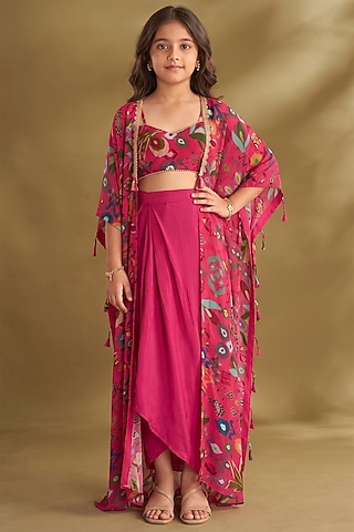 Hot Pink Viscose Crepe Draped Skirt Set For Girls by Affroz Kids