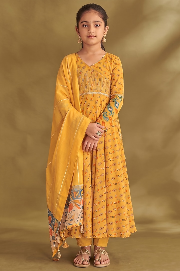Dandelion Yellow Viscose Crepe Embroidered Angrakha Anarkali Set For Girls by Affroz Kids at Pernia's Pop Up Shop