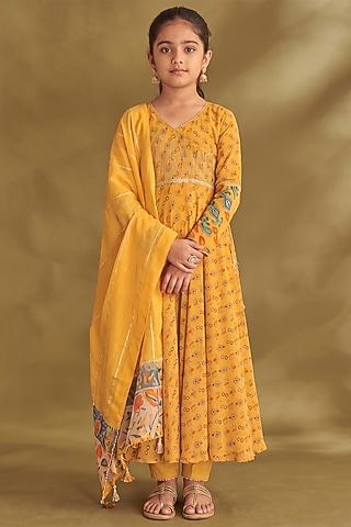 Dandelion Yellow Viscose Crepe Embroidered Angrakha Anarkali Set For Girls by Affroz Kids
