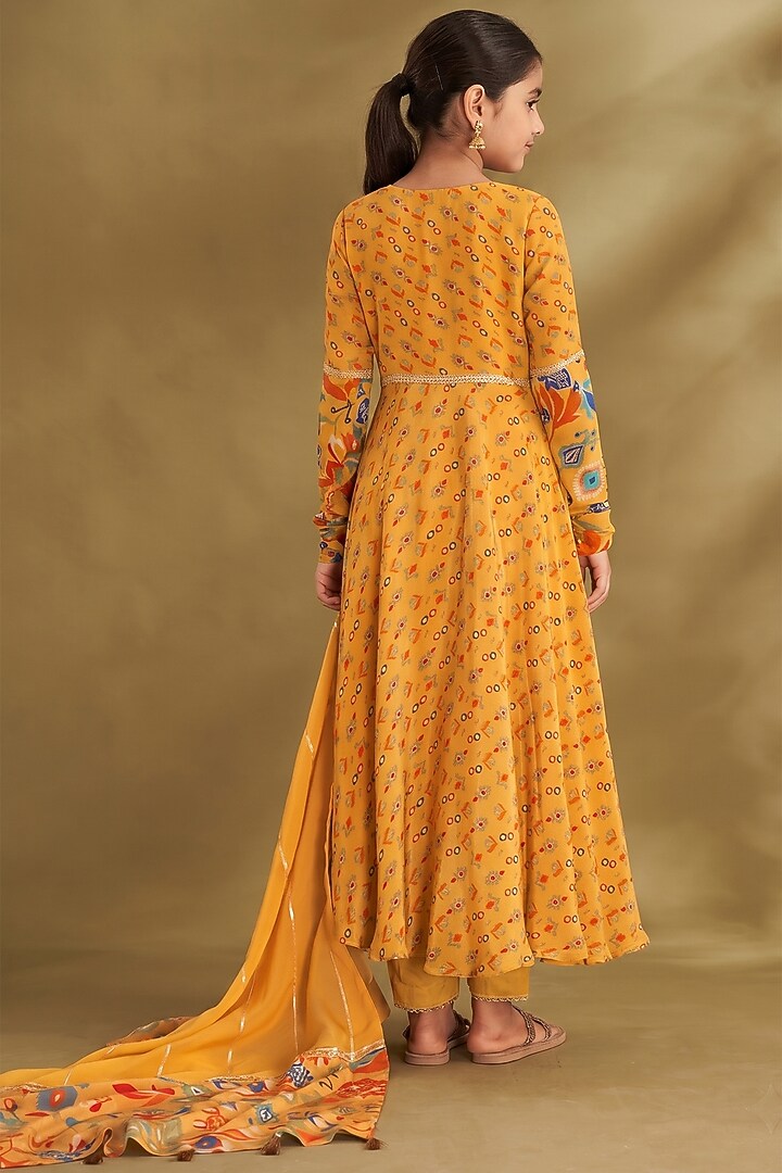 Dandelion Yellow Viscose Crepe Embroidered Angrakha Anarkali Set For Girls by Affroz Kids at Pernia's Pop Up Shop
