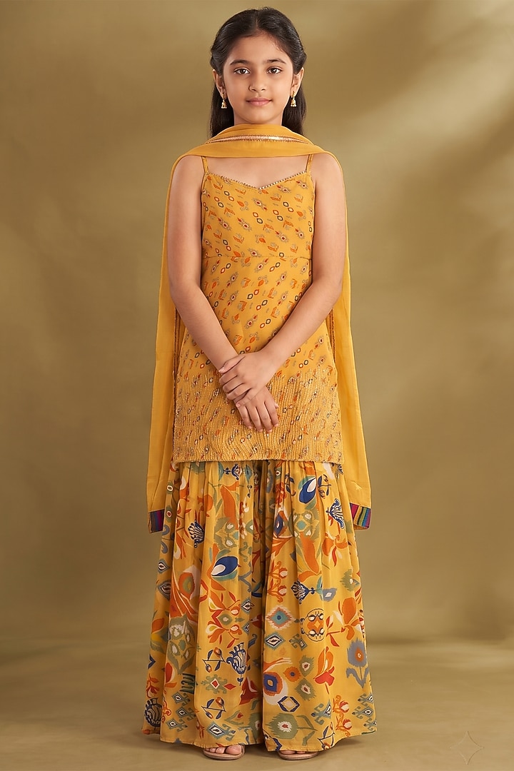 Dandelion Yellow Viscose Crepe Printed Sharara Set For Girls by Affroz Kids at Pernia's Pop Up Shop