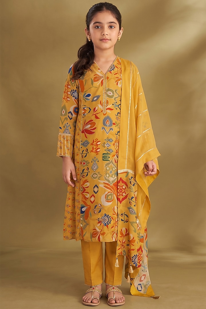 Dandelion Yellow Viscose Crepe Printed A-Line Kurta Set For Girls by Affroz Kids at Pernia's Pop Up Shop