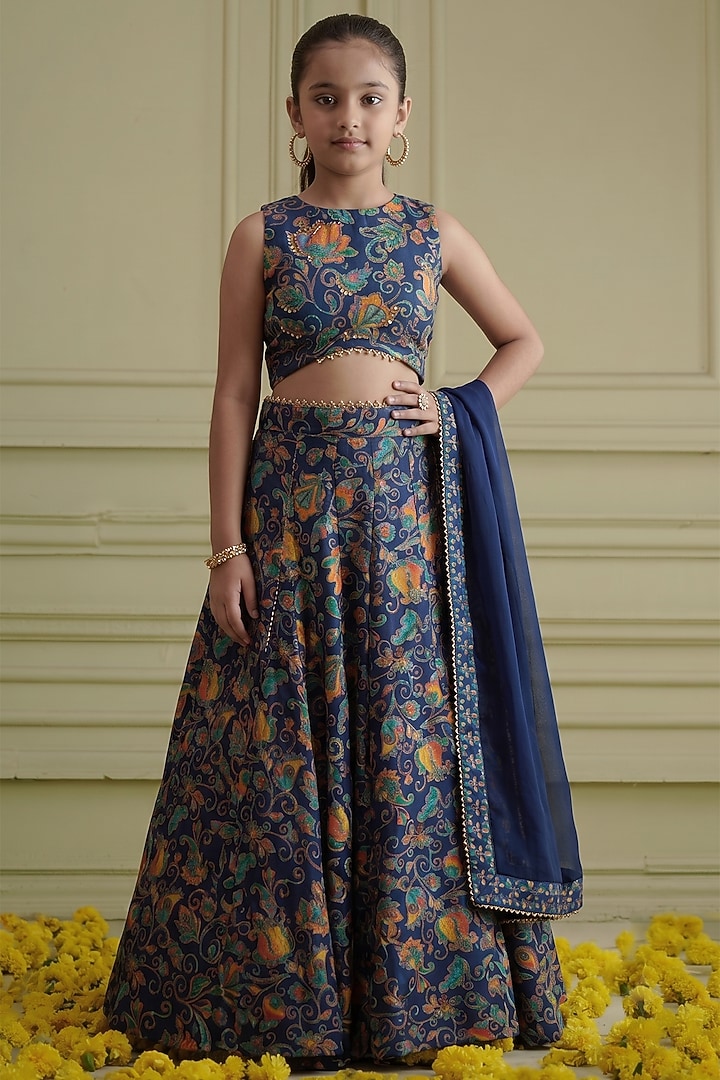 Blue Russian Silk Printed Lehenga Set For Girls by Affroz Kids at Pernia's Pop Up Shop