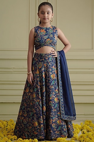 Blue Russian Silk Printed Lehenga Set For Girls by Affroz Kids