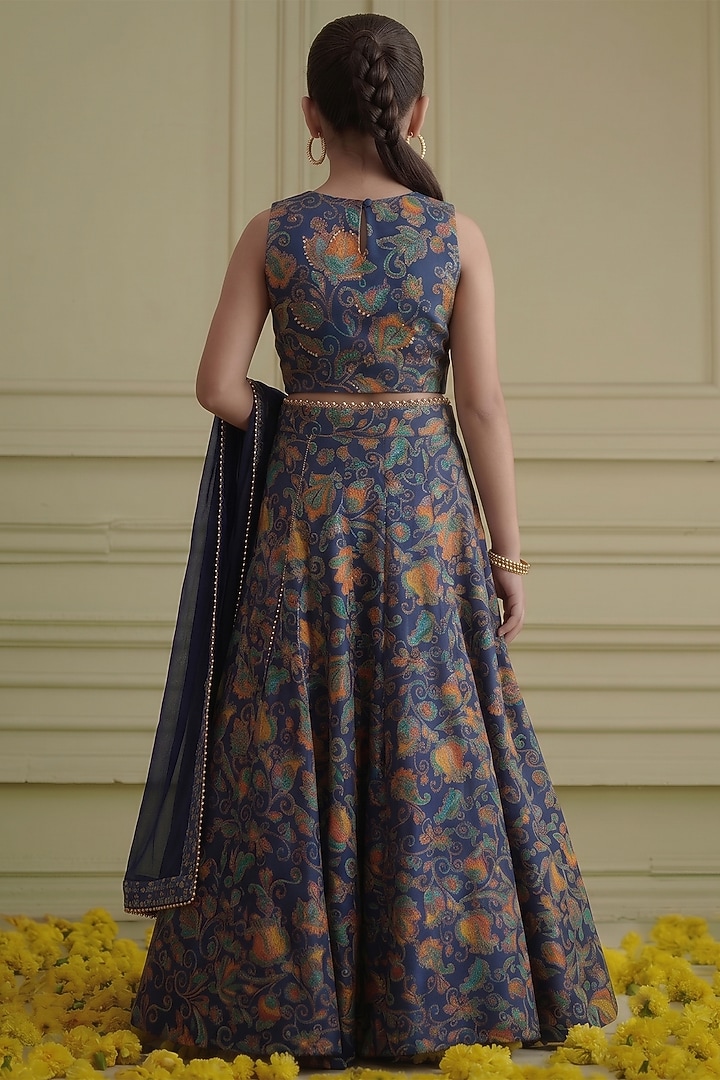 Blue Russian Silk Printed Lehenga Set For Girls by Affroz Kids at Pernia's Pop Up Shop