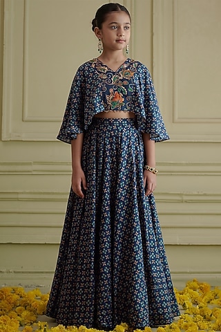 Blue Russian Silk Printed Lehenga Set For Girls by Affroz Kids