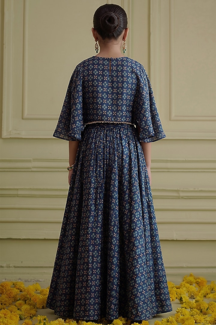 Blue Russian Silk Printed Lehenga Set For Girls by Affroz Kids at Pernia's Pop Up Shop