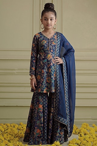 Blue Russian Silk Printed Sharara Set For Girls by Affroz Kids