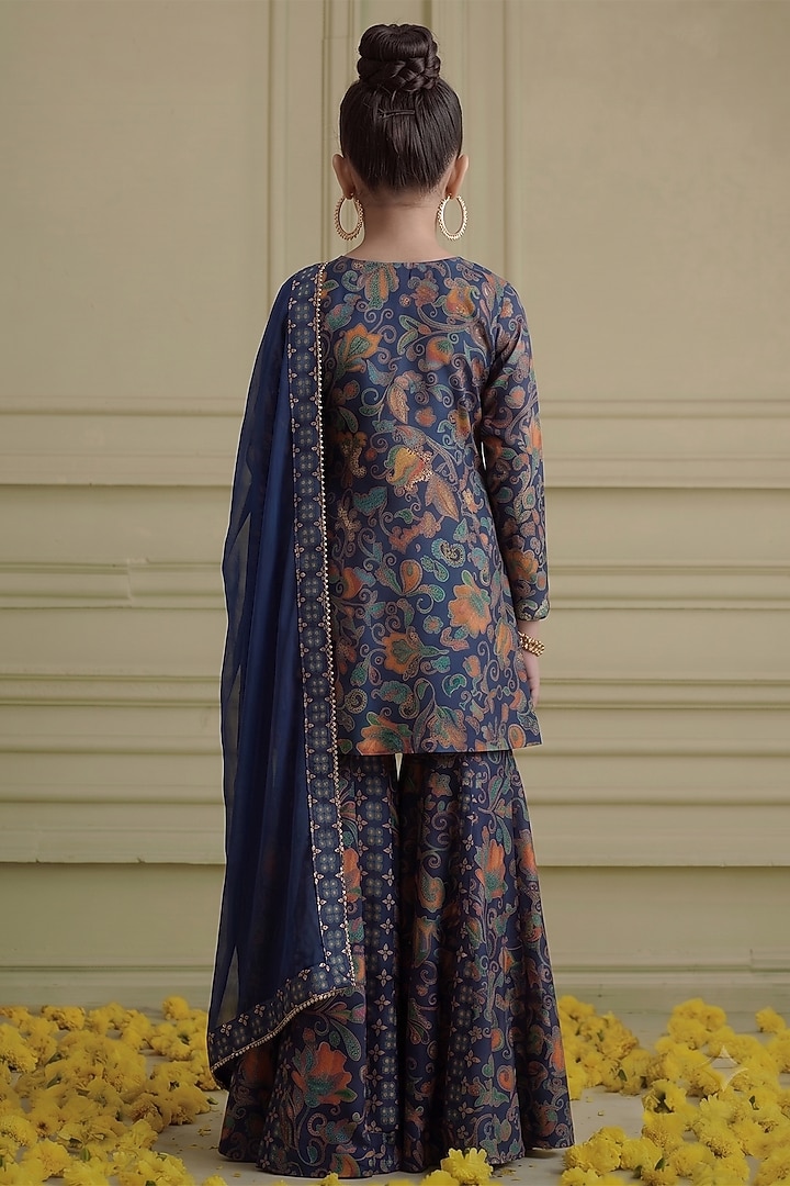 Blue Russian Silk Printed Sharara Set For Girls by Affroz Kids at Pernia's Pop Up Shop