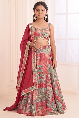 Multi-Colored Viscose Crepe Printed Lehenga Set For Girls by Affroz Kids