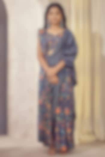 Blue Russian Silk Pre-Draped Saree Set For Girls by Affroz Kids at Pernia's Pop Up Shop