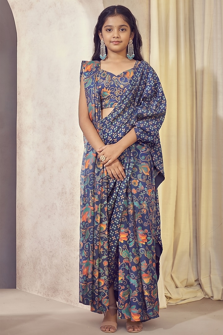 Blue Russian Silk Pre-Draped Saree Set For Girls by Affroz Kids at Pernia's Pop Up Shop
