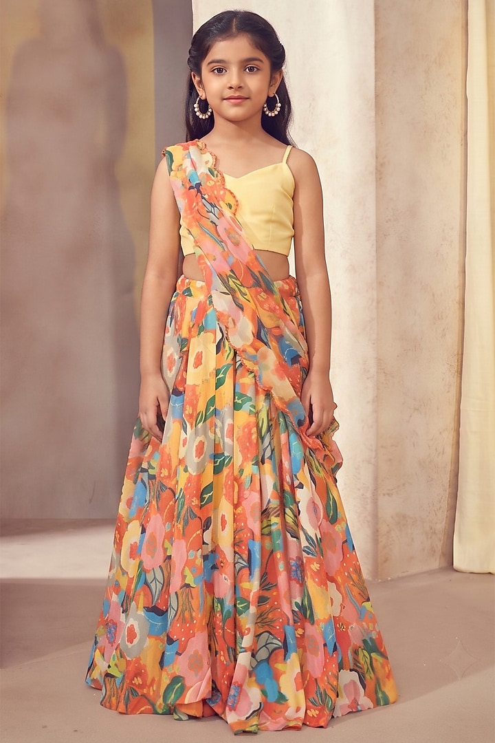 Multi-Colored Russian Silk Lehenga Saree Set For Girls by Affroz Kids at Pernia's Pop Up Shop