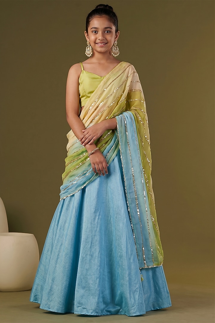 Sky Blue Russian Silk Lehenga Saree Set For Girls by Affroz Kids at Pernia's Pop Up Shop