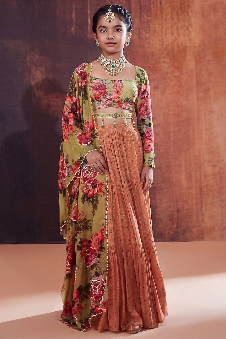 Moss Green Viscose Crepe Lehenga Set For Girls by Affroz Kids at Pernia's Pop Up Shop