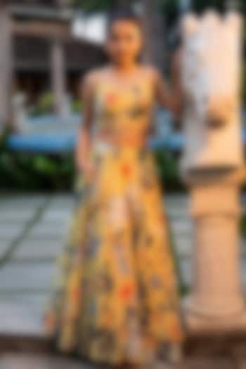 Yellow Viscose Crepe Floral Printed Lehenga Set For Girls by Affroz Kids at Pernia's Pop Up Shop