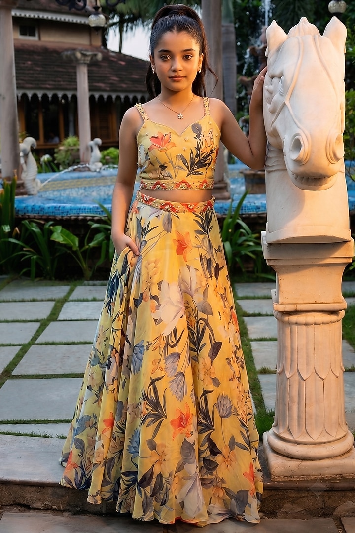 Yellow Viscose Crepe Floral Printed Lehenga Set For Girls by Affroz Kids at Pernia's Pop Up Shop