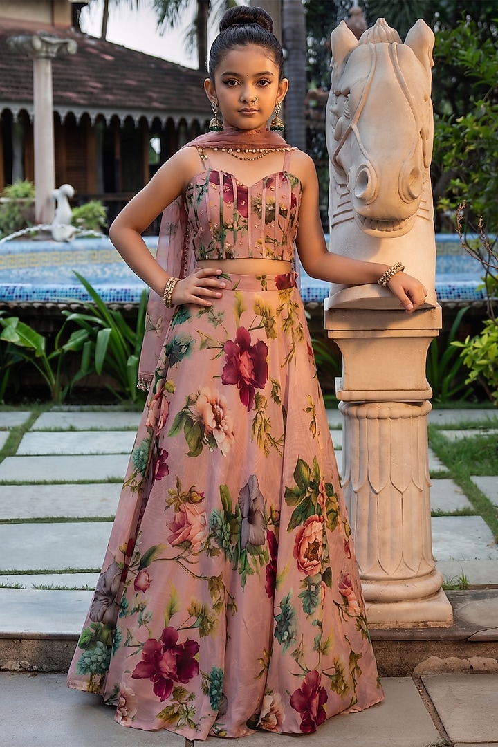 Dusty Rose Pink Viscose Crepe Floral Printed Lehenga Set For Girls by Affroz Kids at Pernia's Pop Up Shop