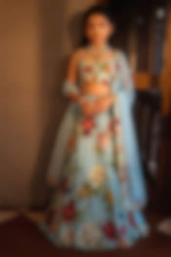 Blue Viscose Crepe Floral Printed Lehenga Set For Girls by Affroz Kids at Pernia's Pop Up Shop