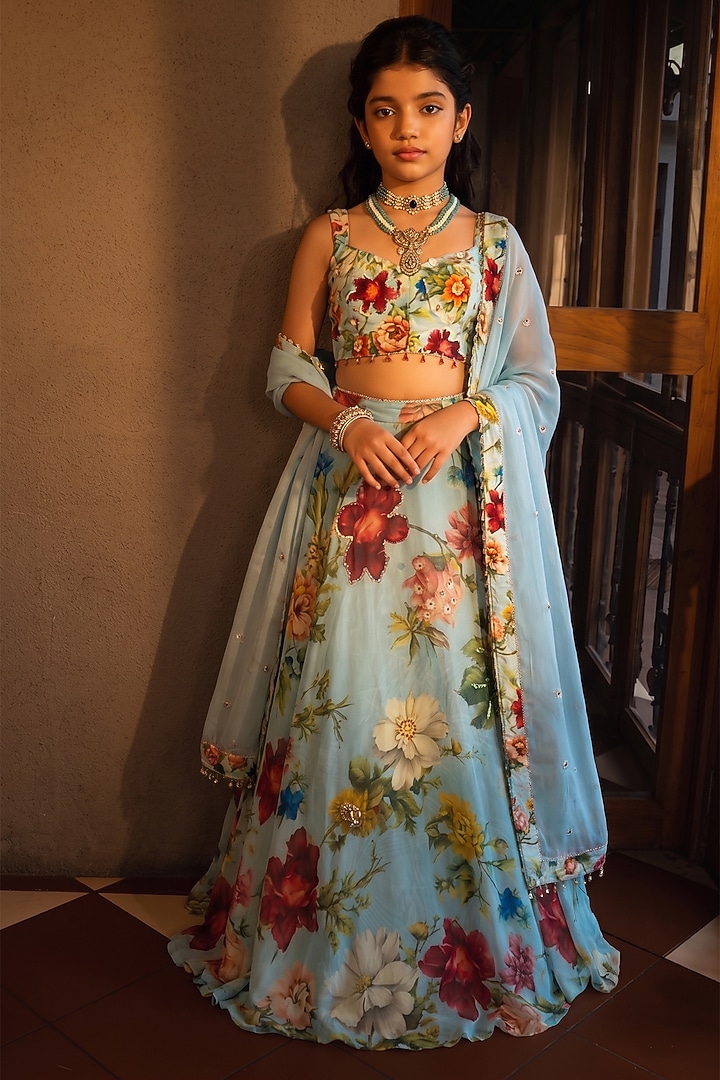 Blue Viscose Crepe Floral Printed Lehenga Set For Girls by Affroz Kids at Pernia's Pop Up Shop