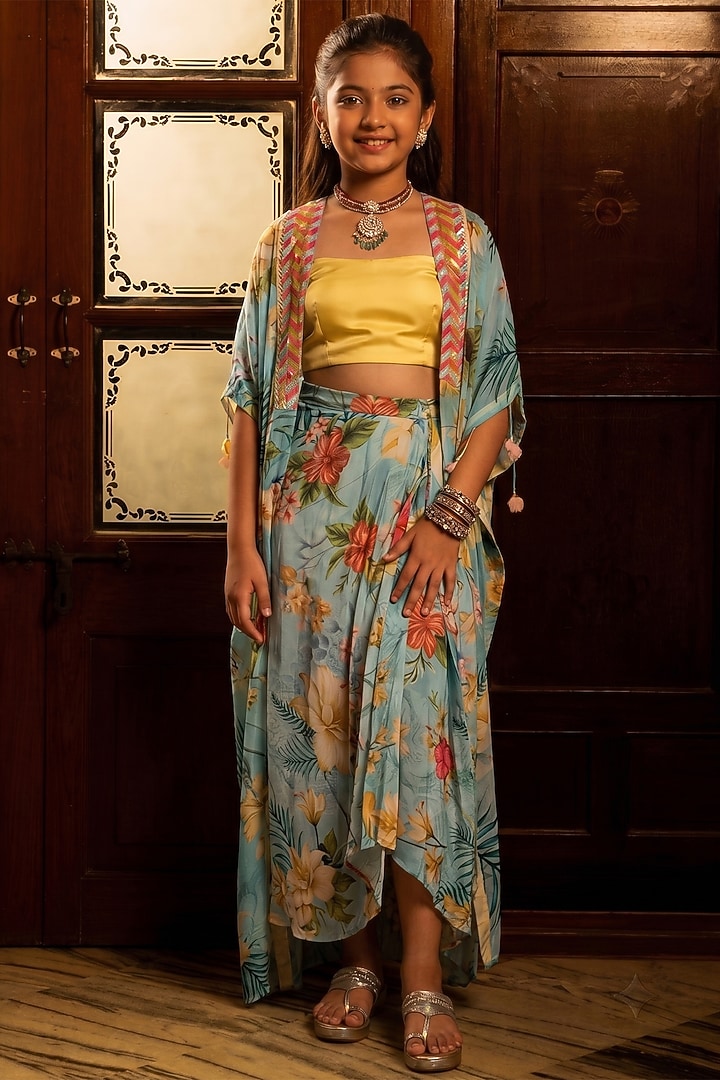 Tropical Blue Viscose Crepe Draped Skirt Set For Girls by Affroz Kids at Pernia's Pop Up Shop