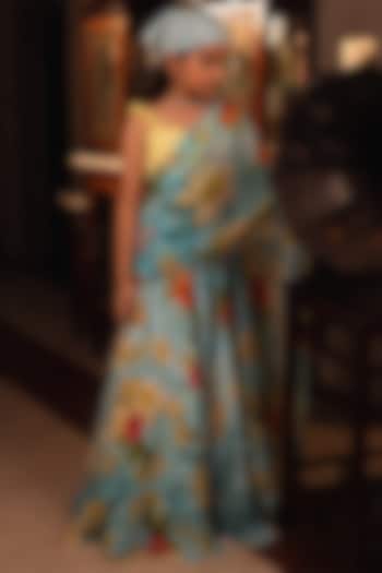 Blue Viscose Crepe Lehenga Saree Set For Girls by Affroz Kids at Pernia's Pop Up Shop