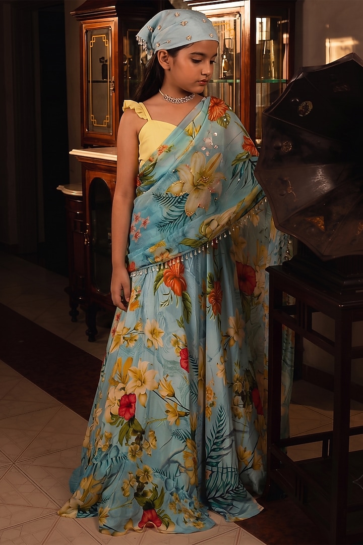Blue Viscose Crepe Lehenga Saree Set For Girls by Affroz Kids at Pernia's Pop Up Shop