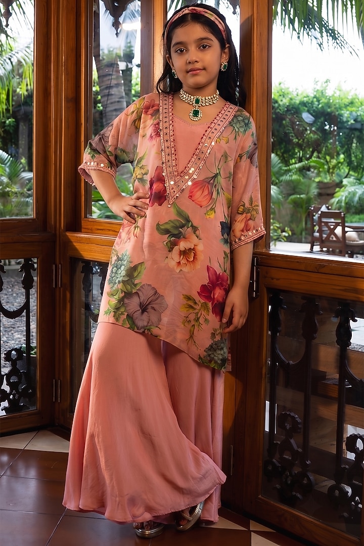 Dusty Rose Pink Viscose Crepe Kaftan Set For Girls by Affroz Kids at Pernia's Pop Up Shop