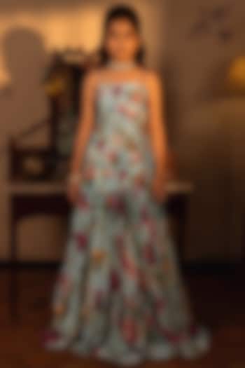 Powder Blue Viscose Crepe Printed Gathered Lehenga Set For Girls by Affroz Kids at Pernia's Pop Up Shop