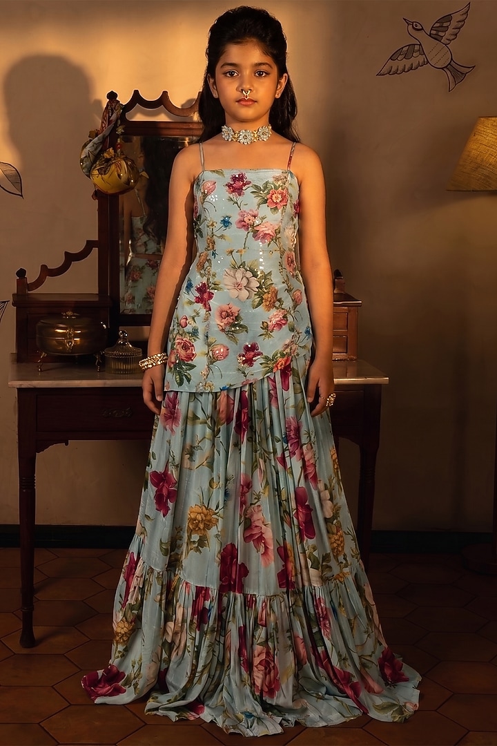 Powder Blue Viscose Crepe Printed Gathered Lehenga Set For Girls by Affroz Kids at Pernia's Pop Up Shop