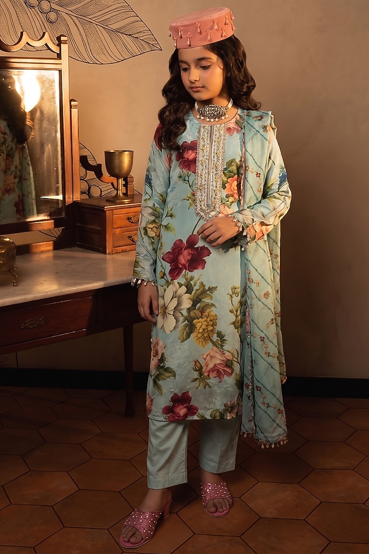 Blue Viscose Crepe Floral Printed Kurta Set For Girls by Affroz Kids at Pernia's Pop Up Shop