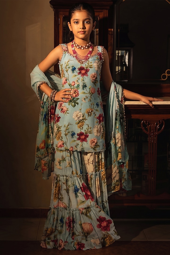 Blue Viscose Crepe Floral Printed Sharara Set For Girls by Affroz Kids at Pernia's Pop Up Shop
