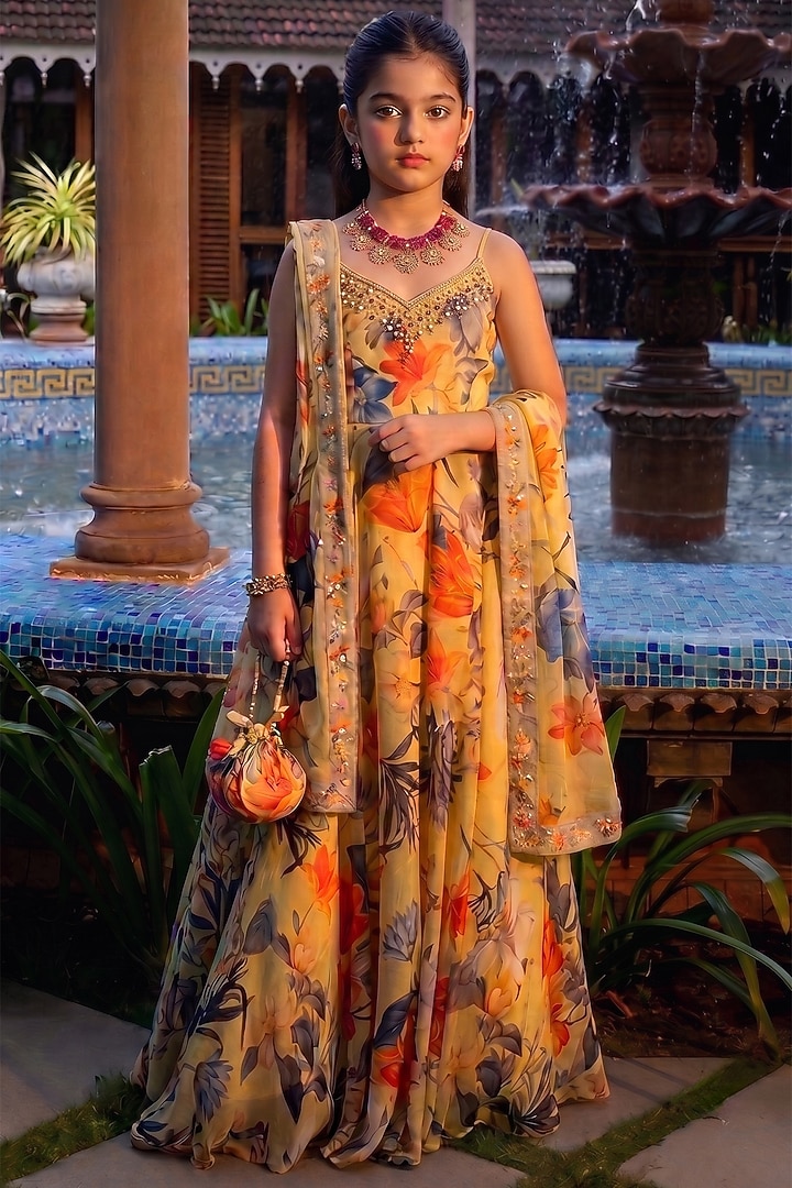 Misted Yellow Viscose Crepe Printed Anarkali Set For Girls by Affroz Kids at Pernia's Pop Up Shop